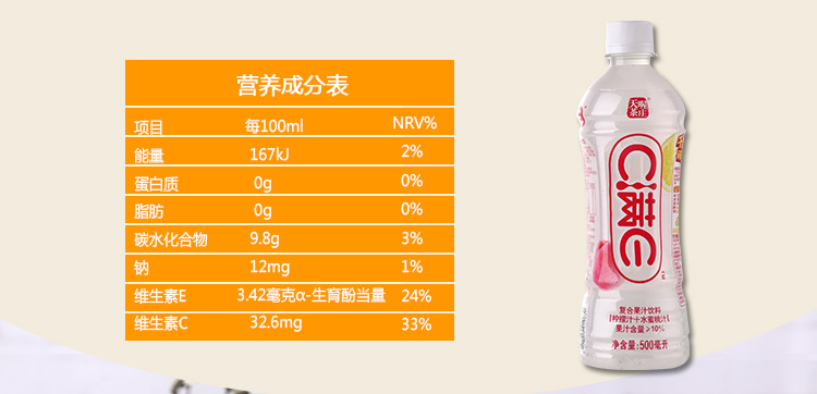 天喔茶庄 C满E 复合果汁饮料(柠檬汁+水蜜桃汁) 500ml*15瓶/箱